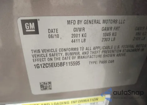 2011 Chevrolet Malibu 1Lt из США, поврежденный, VIN 1G1ZC5EU5BF115595